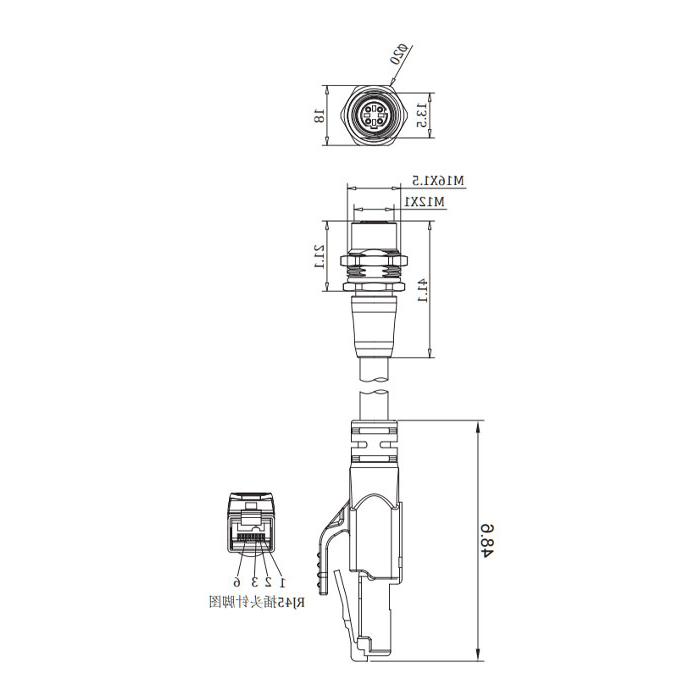 M12 4Pin D-coded 板面法兰母头转RJ45公头直型、双端预铸PVC非柔性电缆、带屏蔽、黄色护套、0C4228-XXX